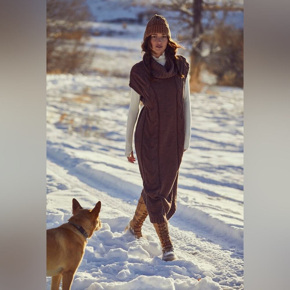 Free People On A Cloud Chocolate Brown Cable Knit Boho Midi Maxi Sweater Dress - Picture 2 of 8